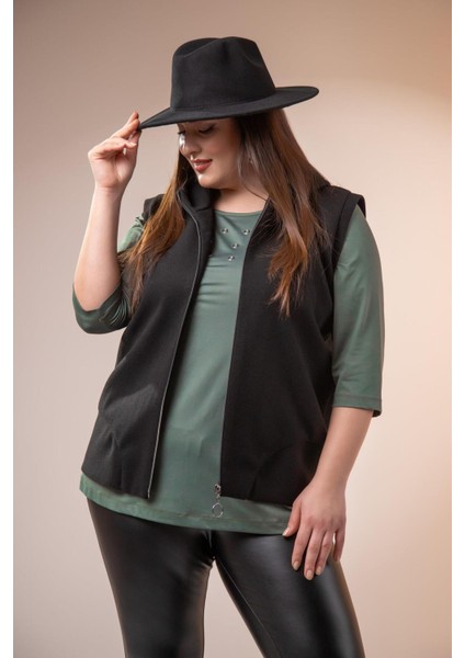 Kadın Büyük Beden Kaşe Siyah Yelek