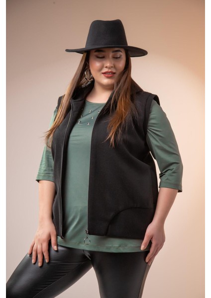 Kadın Büyük Beden Kaşe Siyah Yelek fiyatları