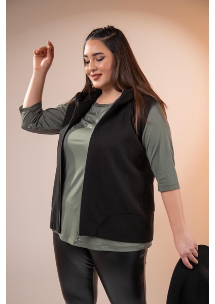 Kadın Büyük Beden Kaşe Siyah Yelek