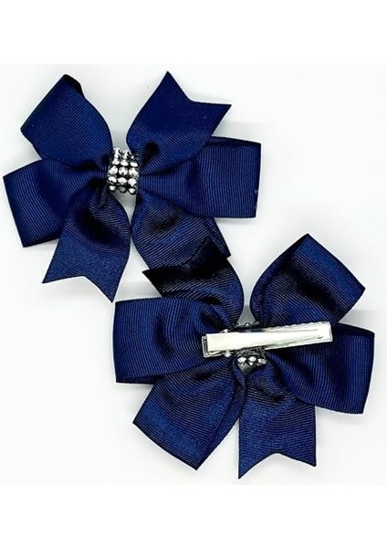 Taş Detaylı Klipsli Kurdele Bebek ve Çocuk Tokası, Taşlı Çocuk Tokası, Yan Toka 2 Adet (Lacivert)