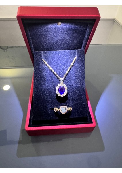 Işıklı Kutuda Mavi Taşlı Kolye Yüzük Seti Çelik