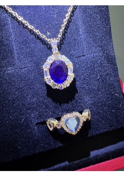 Işıklı Kutuda Mavi Taşlı Kolye Yüzük Seti Çelik fiyatları