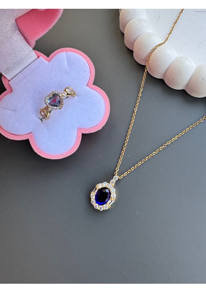 Işıklı Kutuda Mavi Taşlı Kolye Yüzük Seti Çelik modelleri