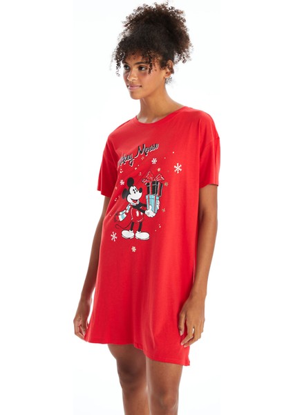 Yeni Sezon Bisiklet Yaka Mickey Mouse Baskılı Kadın Gecelik