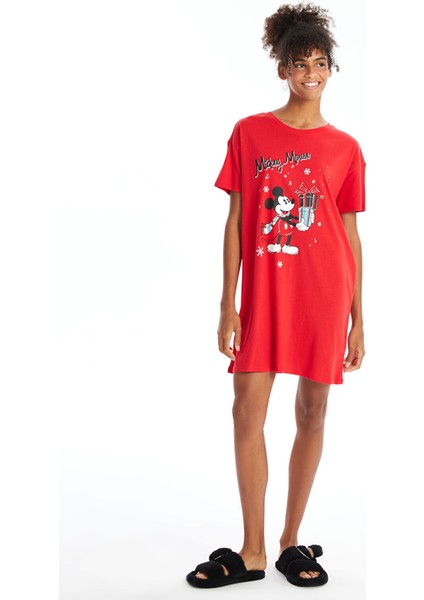 Yeni Sezon Bisiklet Yaka Mickey Mouse Baskılı Kadın Gecelik fiyatları