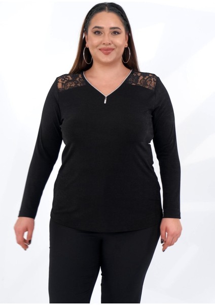 Kadın Büyük Beden Dantelli Fermuarlı Bluz Siyah