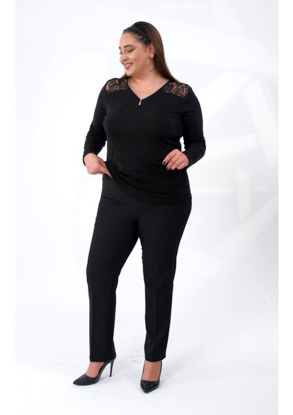 Kadın Büyük Beden Dantelli Fermuarlı Bluz Siyah fiyatları