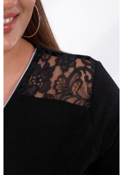 Kadın Büyük Beden Dantelli Fermuarlı Bluz Siyah modelleri