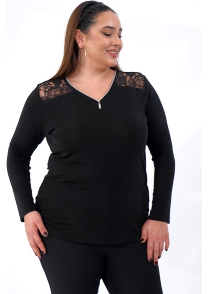 Kadın Büyük Beden Dantelli Fermuarlı Bluz Siyah fırsatları