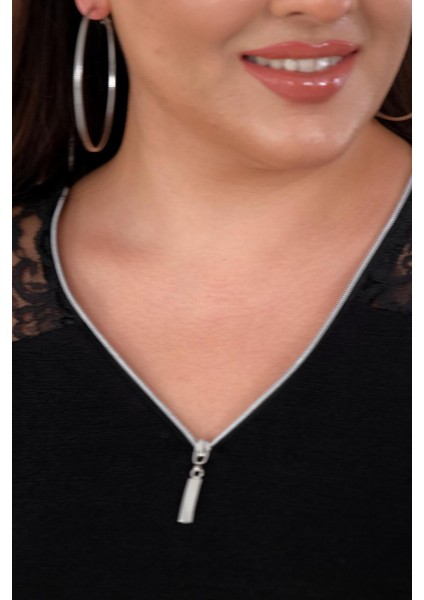 Kadın Büyük Beden Dantelli Fermuarlı Bluz Siyah indirimleri