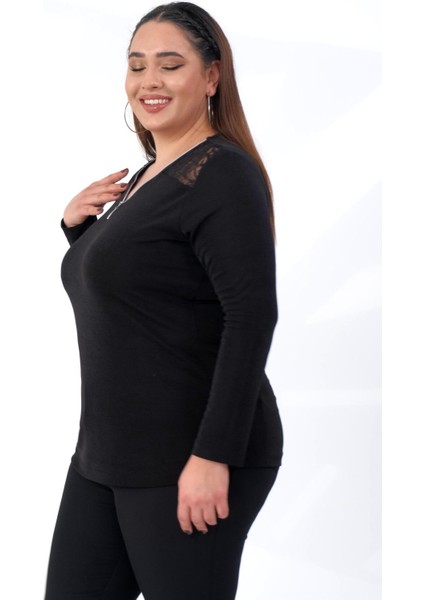 Kadın Büyük Beden Dantelli Fermuarlı Bluz Siyah