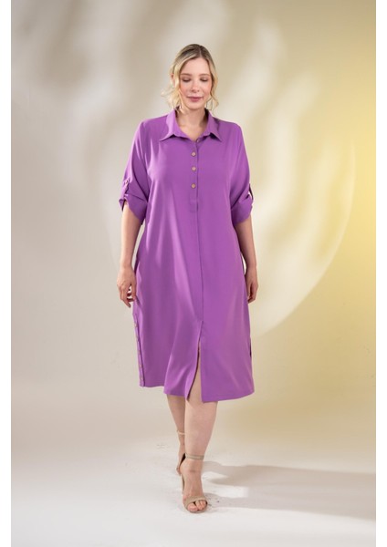 Kadın Büyük Beden Düğme Detaylı Lila Elbise modelleri