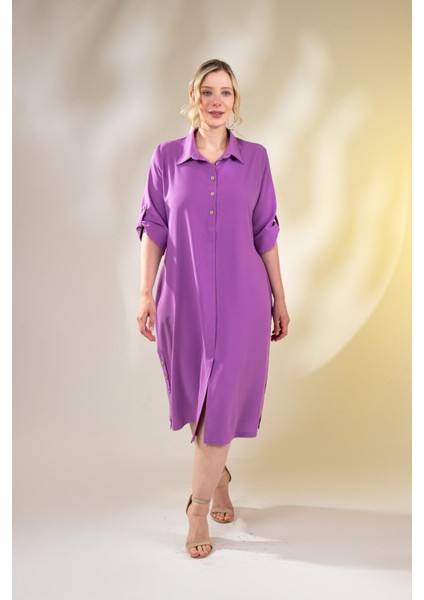 Kadın Büyük Beden Düğme Detaylı Lila Elbise