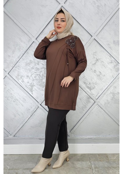 Kadın Çiçekli Nervür Dikim Detaylı Tesettür Tunik