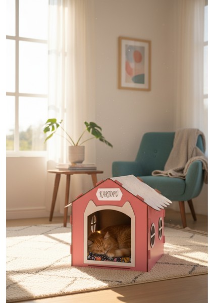 Ahşap Özel Isim Baskılı Dekoratif Kedi Evi-Kulübesi, Kediler Için Kulübe, Kedi Kulübesi Pembe