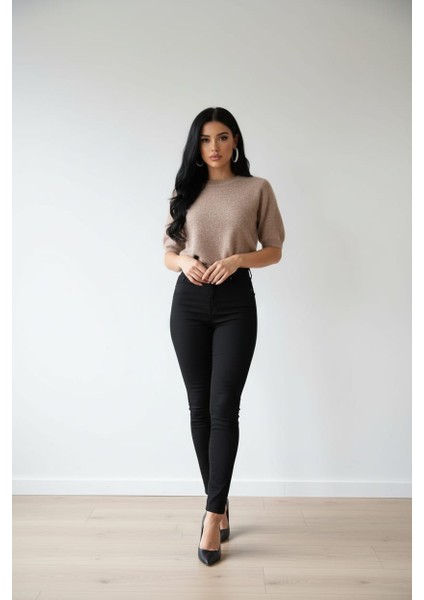 Kadın Bisiklet Yaka Yumuşak Dokulu Kısa Kollu Şardonlu Yünlü Triko Kazak indirimleri