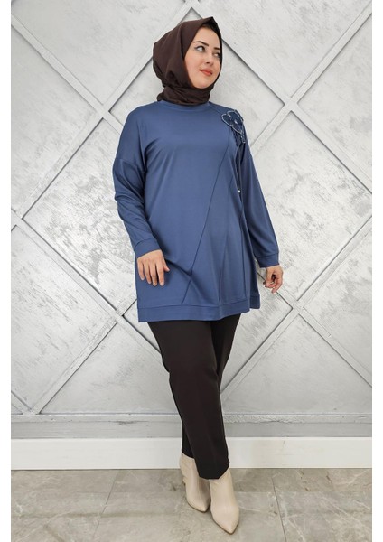 Kadın Çiçekli Nervür Dikim Detaylı Tesettür Tunik