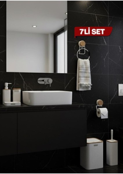 7 Parça Set Kare Mina Banyo Seti , Havluluk ve Wc Kağıtlık Beyaz-Ahşap
