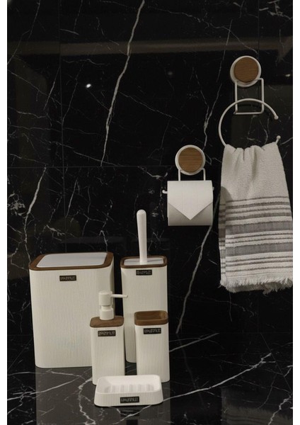 7 Parça Set Kare Mina Banyo Seti , Havluluk ve Wc Kağıtlık Beyaz-Ahşap fiyatları