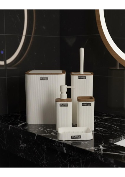 7 Parça Set Kare Mina Banyo Seti , Havluluk ve Wc Kağıtlık Beyaz-Ahşap modelleri