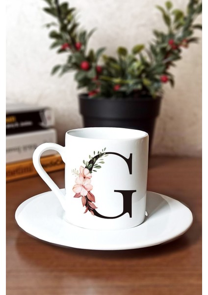 Caddemart | G Harfli Çiçekli Baskılı Porselen Türk Kahvesi Fincanı