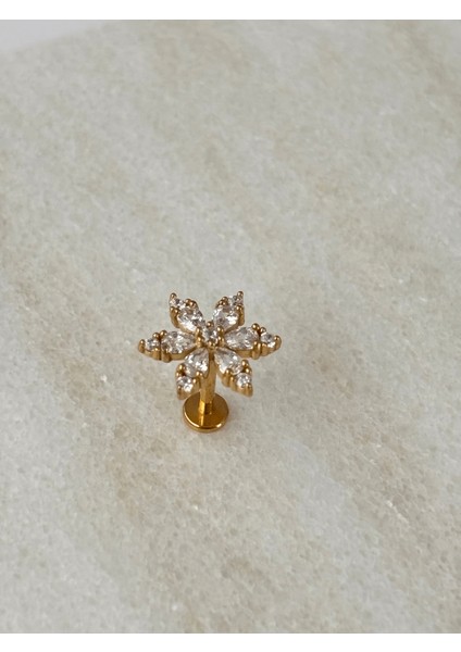 Kar Tanesi Şeklinde Taşlı Gold Piercing