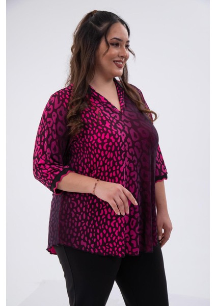 Kadın Büyük Beden Gömlek Yaka Fuşya Bluz