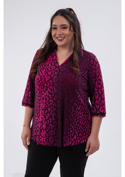 Kadın Büyük Beden Gömlek Yaka Fuşya Bluz