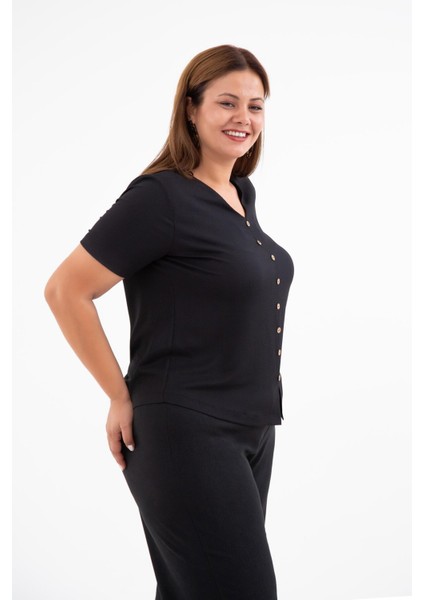 Kadın Büyük Beden V Yaka-Düğmeli Bluz Siyah modelleri