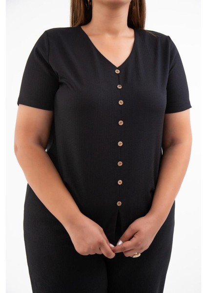 Kadın Büyük Beden V Yaka-Düğmeli Bluz Siyah fırsatları
