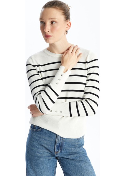 Yeni Sezon Bisiklet Yaka Çizgili Uzun Kollu Kadın Triko Kazak