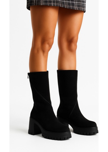Kadın Süet Siyah Yuvarlak Burun Kalın Tabanlı Fermuarlı Platform Topuklu Uzun Çizme fiyatları