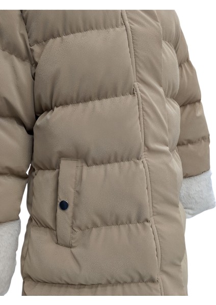 Kız Çocuk Kapüşonu Bilek Kısımları Kürklü Peluş Astarlı Midi Boy Vizon Renk Mont fırsatları