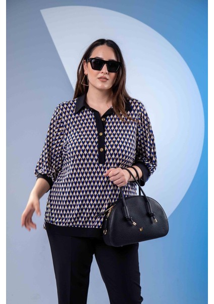 Kadın 3330377 Önü Düğmeli Desenli Mavi Bluz modelleri