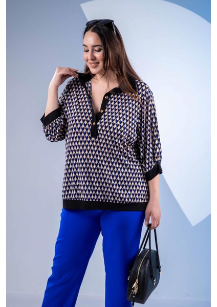 Kadın 3330377 Önü Düğmeli Desenli Mavi Bluz fırsatları