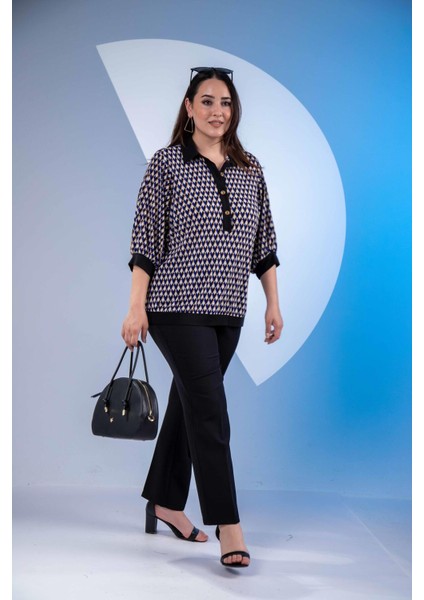 Kadın 3330377 Önü Düğmeli Desenli Mavi Bluz