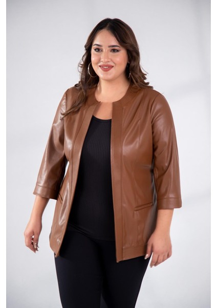 Kadın Büyük Beden Kapamasız Cepli Suni Deri Taba Ceket