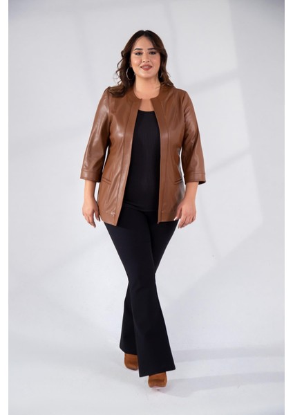 Kadın Büyük Beden Kapamasız Cepli Suni Deri Taba Ceket fiyatları