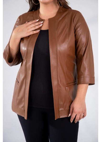 Kadın Büyük Beden Kapamasız Cepli Suni Deri Taba Ceket modelleri