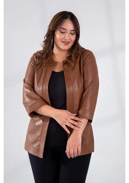 Kadın Büyük Beden Kapamasız Cepli Suni Deri Taba Ceket fırsatları