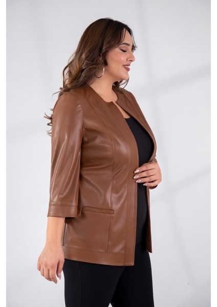Kadın Büyük Beden Kapamasız Cepli Suni Deri Taba Ceket indirimleri
