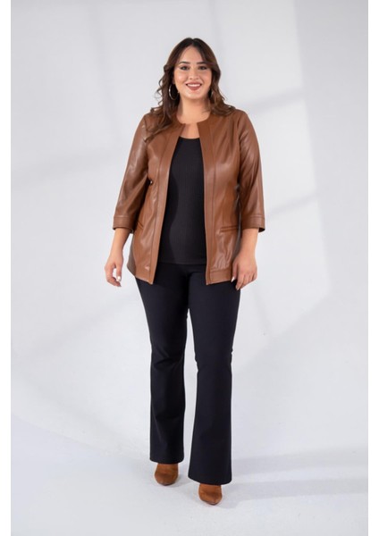Kadın Büyük Beden Kapamasız Cepli Suni Deri Taba Ceket