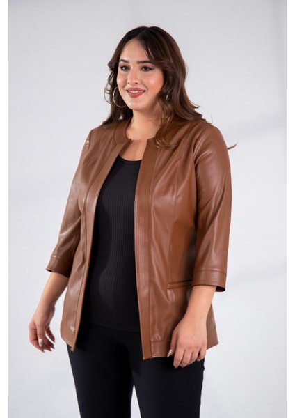 Kadın Büyük Beden Kapamasız Cepli Suni Deri Taba Ceket