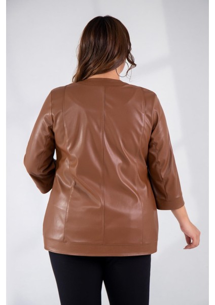 Kadın Büyük Beden Kapamasız Cepli Suni Deri Taba Ceket