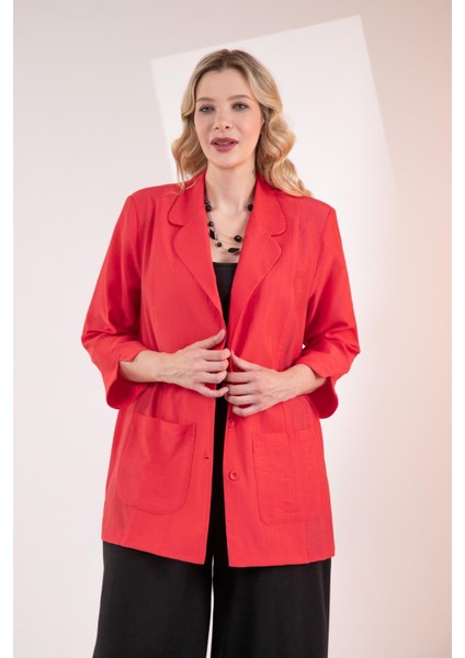 Kadın Büyük Beden Cepli Kırmızı Ceket
