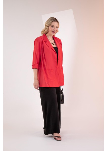 Kadın Büyük Beden Cepli Kırmızı Ceket