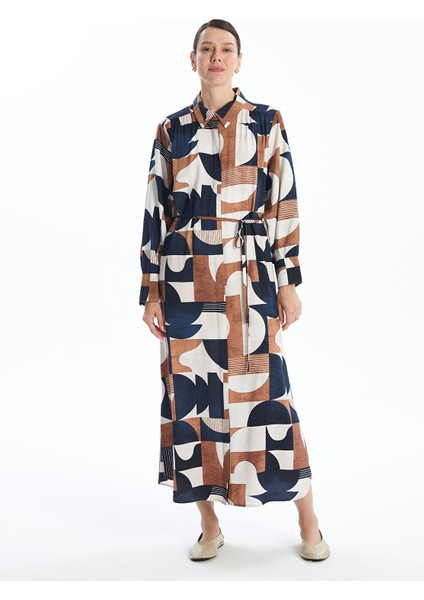 Yeni Sezon Desenli Uzun Kollu Kadın Gömlek Elbise