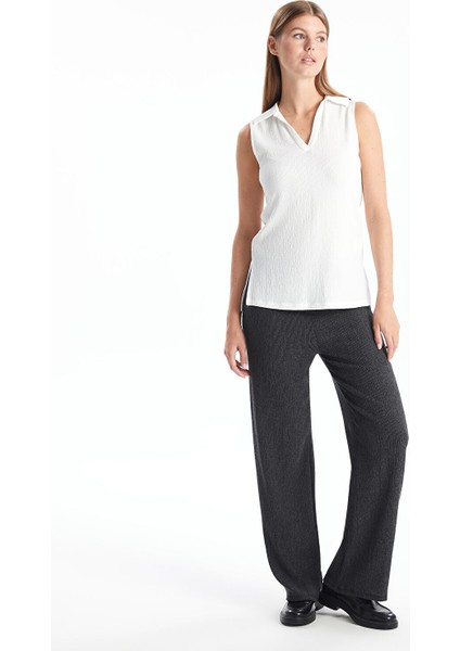 Yeni Sezon Beli Lastikli Dokulu Geniş Paça Kadın Pantolon