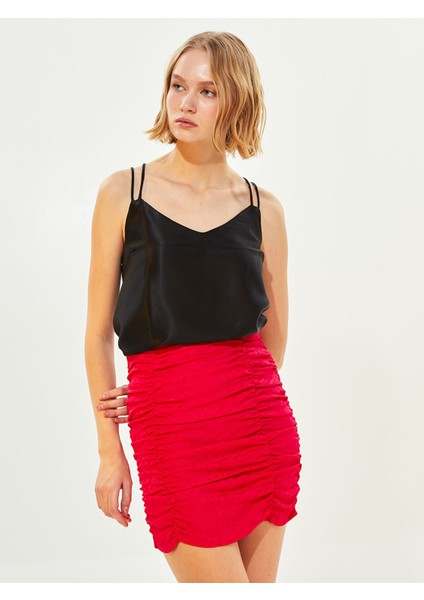 Yeni Sezon Beli Fermuarlı Kendinden Desenli Büzgü Detaylı Viskon Kadın Etek modelleri