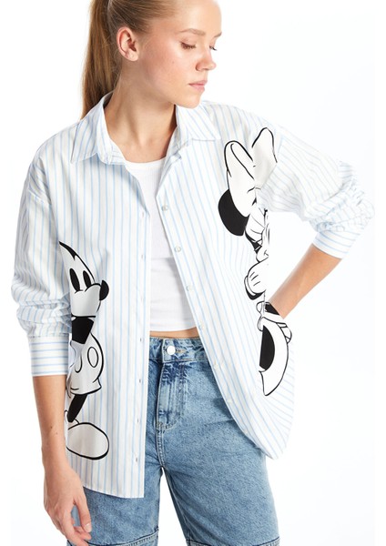 Yeni Sezon Mickey Mouse Baskılı Uzun Kollu Kadın Gömlek